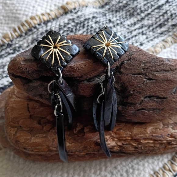 Hand Crafted Jewelry - Black Wooden Dangle Earrings